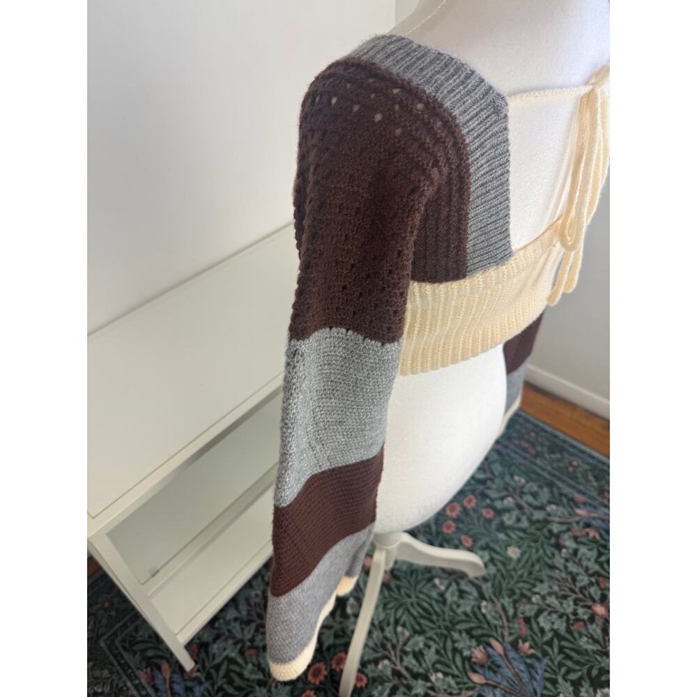 Womens Square Neck Long Bell Sleeve Color Block Sweater Crochet Knit Crop Top - Picture 7 of 8